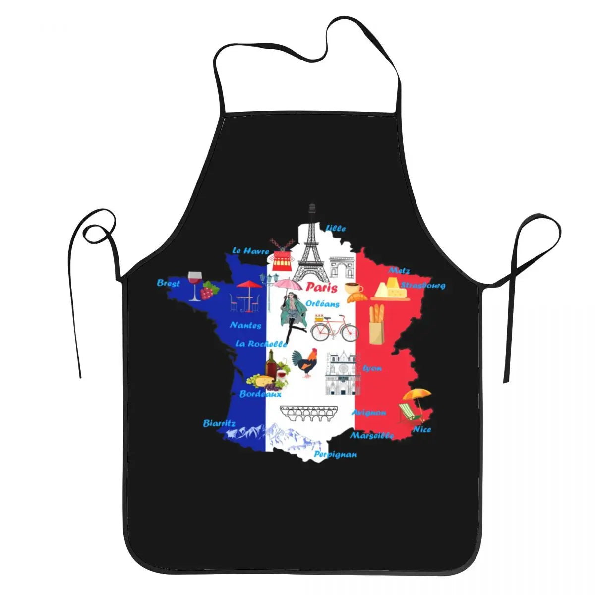 tablier de cuisine bleu blanc rouge avec la forme du pays