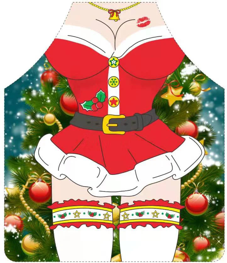 tablier de cuisine femme Noël devant un sapin
