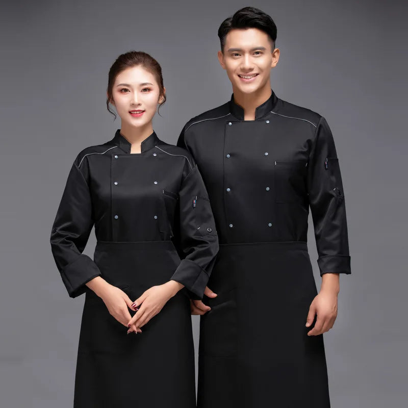 blouse et tablier de cuisine noir sur homme et femme