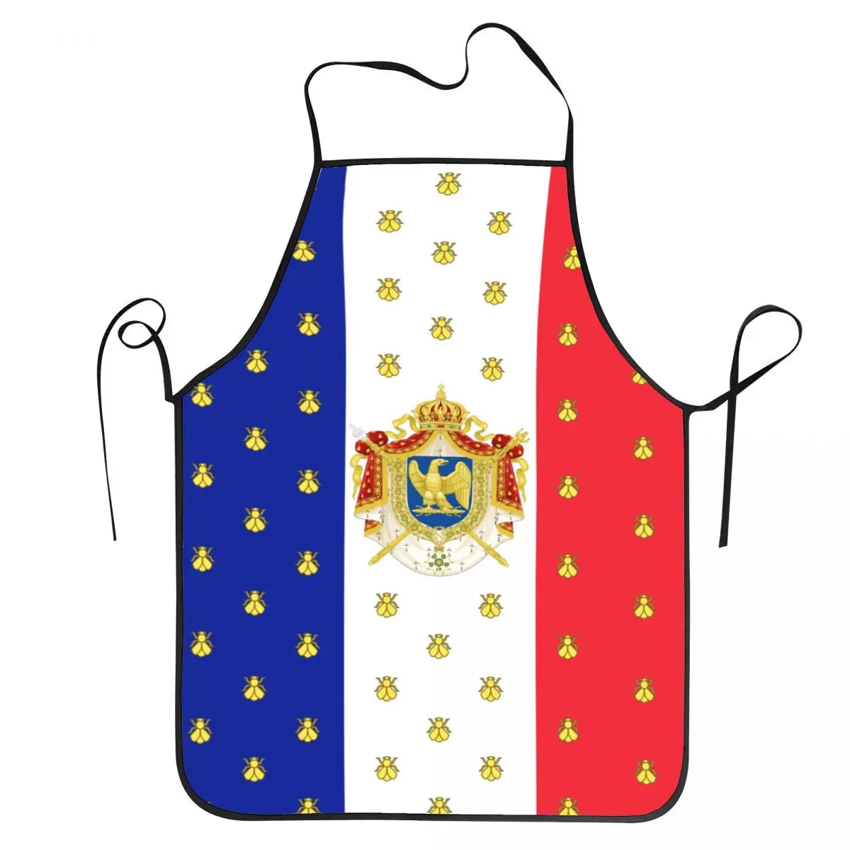 tablier de cuisine bleu blanc rouge avec une armoirie