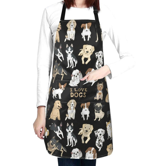 une femme porte un tablier de cuisine chien